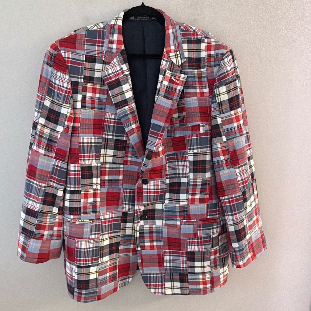 Club Room Mens Patchwork Plaid Blazer Sport Coat Red Navy White 46R Cotton